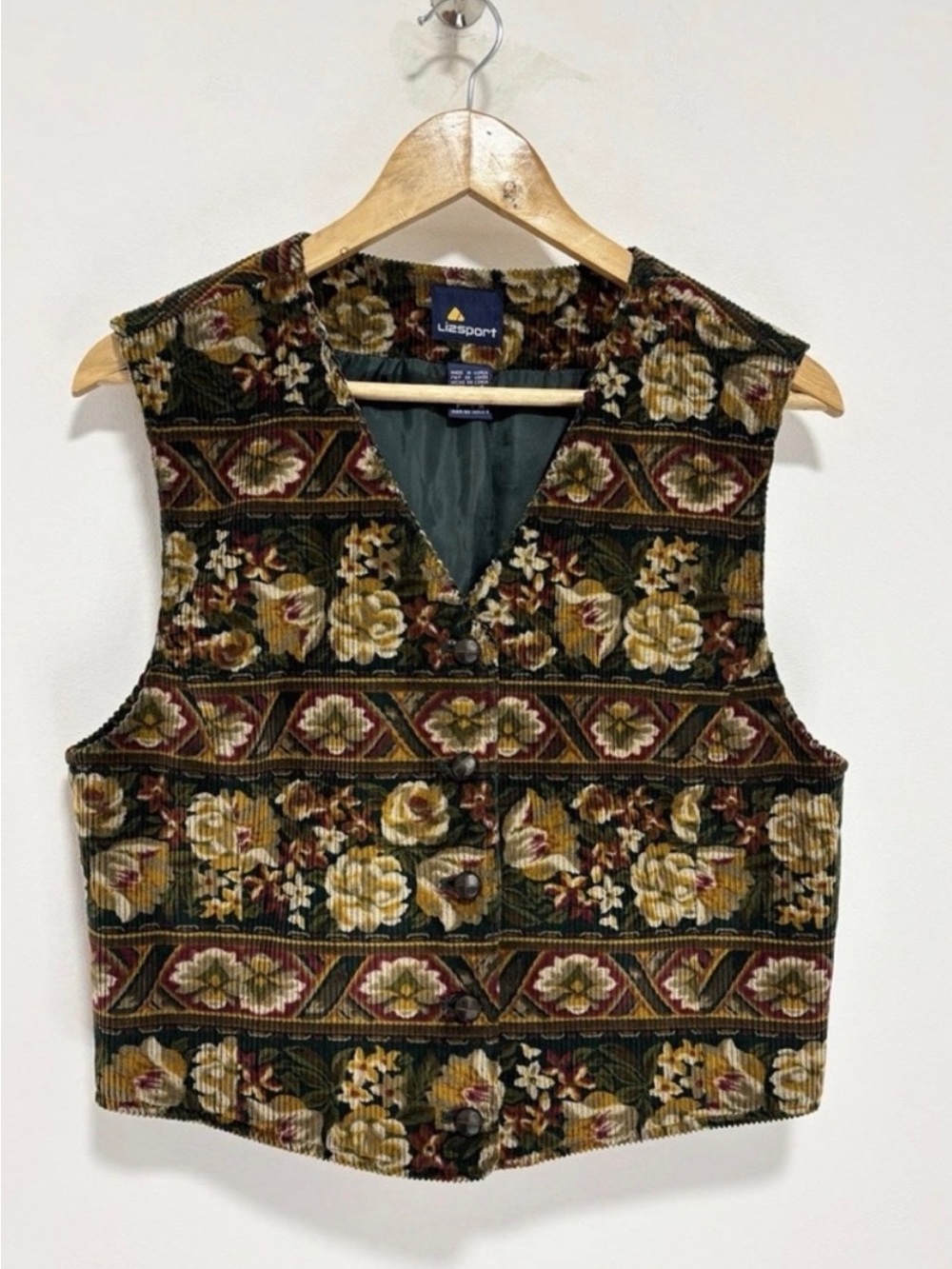 Lizsport style vintage floral tapestry corduroy vest
